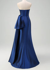 Mirabelle | Mermaid Sweetheart Sheath Satin Ruched Long Royal Blue Prom Dress with Slit - Royal Blue - PromDressClub